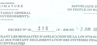 Décret n°10-315 P-RM du 3 juin 2010
